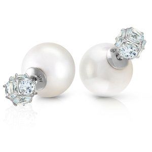 14K GOLD TRIBAL DOUBLE SHELL PEARLS AND AQUAMARINES STUD EARRINGS (White gold)